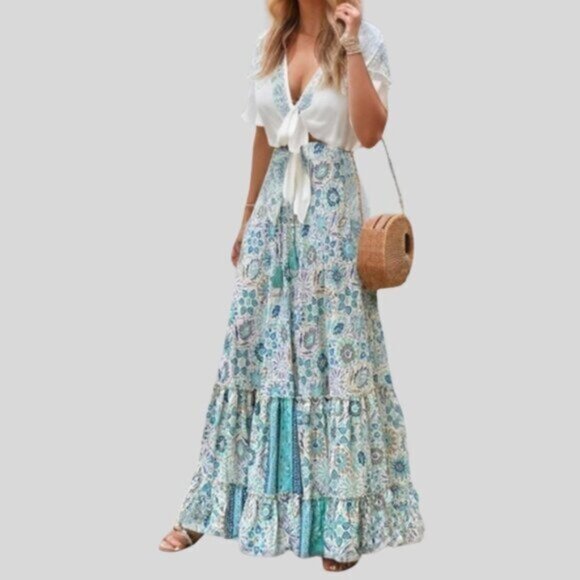 Boho Printed Maxi Skirt With Umbrella Hem Blue - Picture 1 of 4